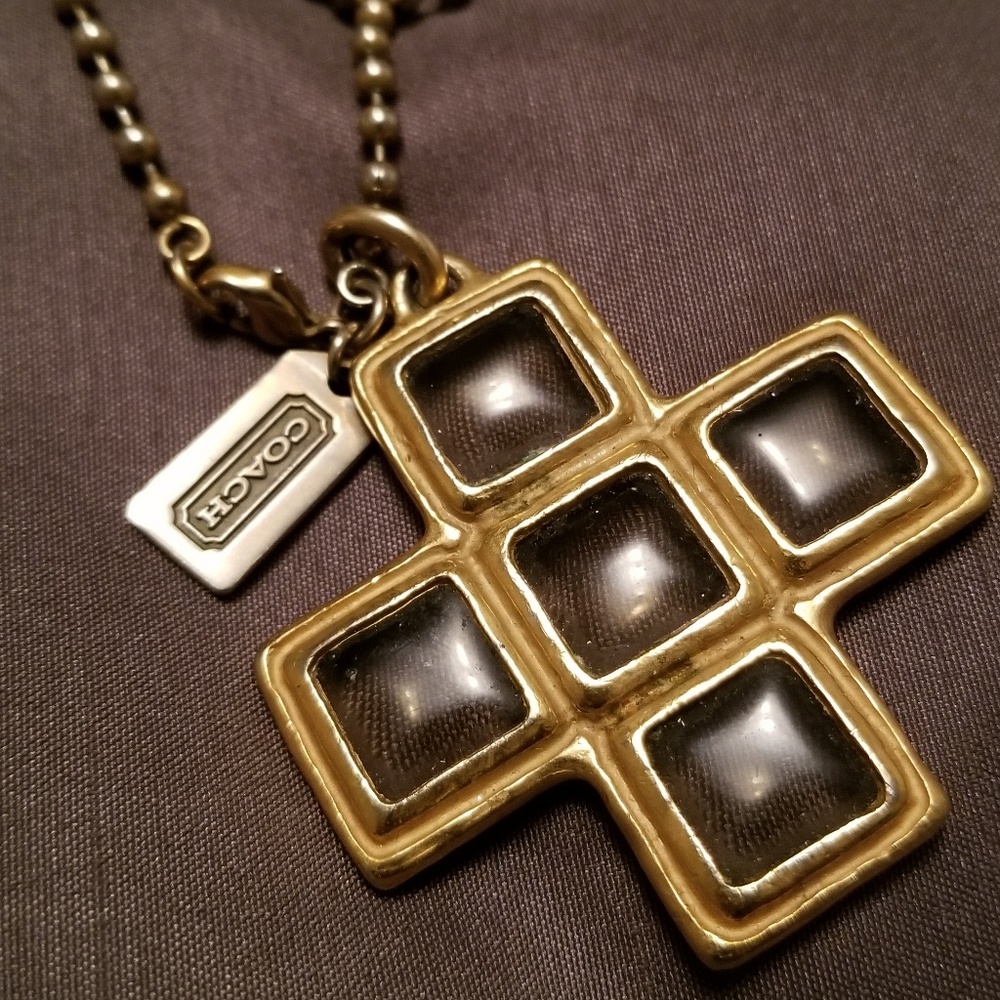 Coach Gold Plated Cross Dog Tag Necklace